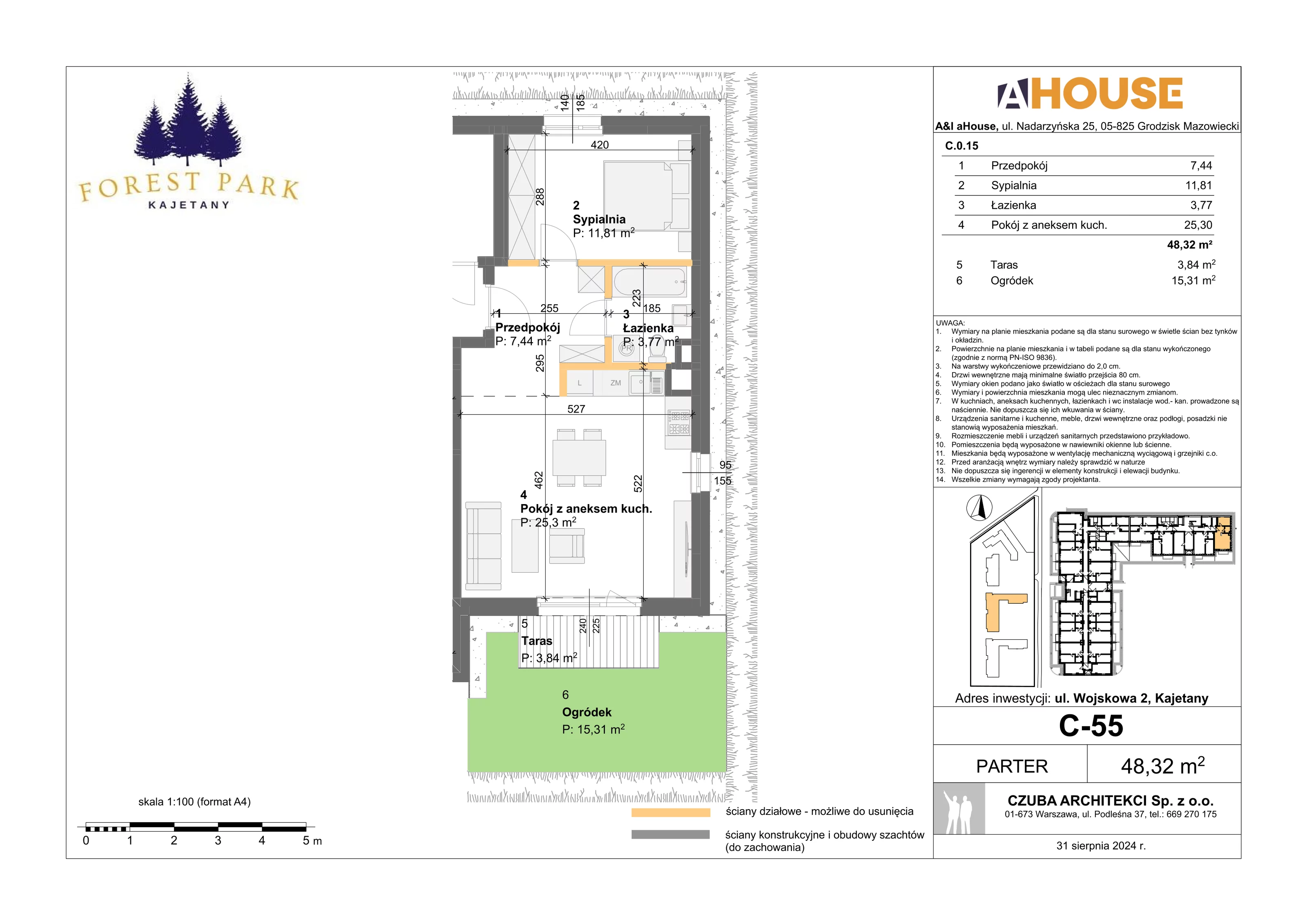 2 pokoje, mieszkanie 48,32 m², parter, oferta nr C-55, Forest Park Kajetany, Kajetany, ul. Wojskowa 2